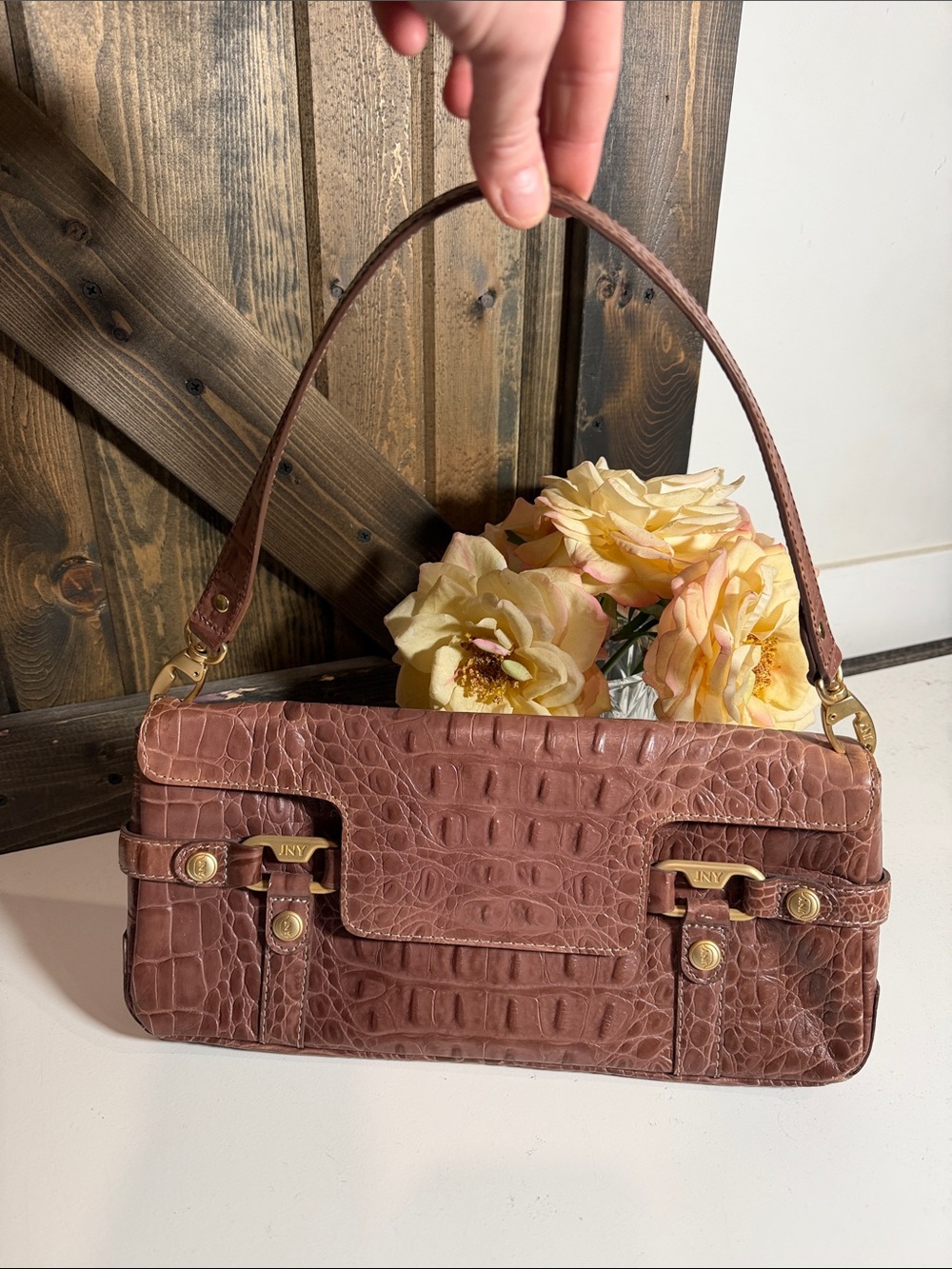 Jones New York Croc-Embossed Brown Leather Shoulder Bag with Gold Hardware
